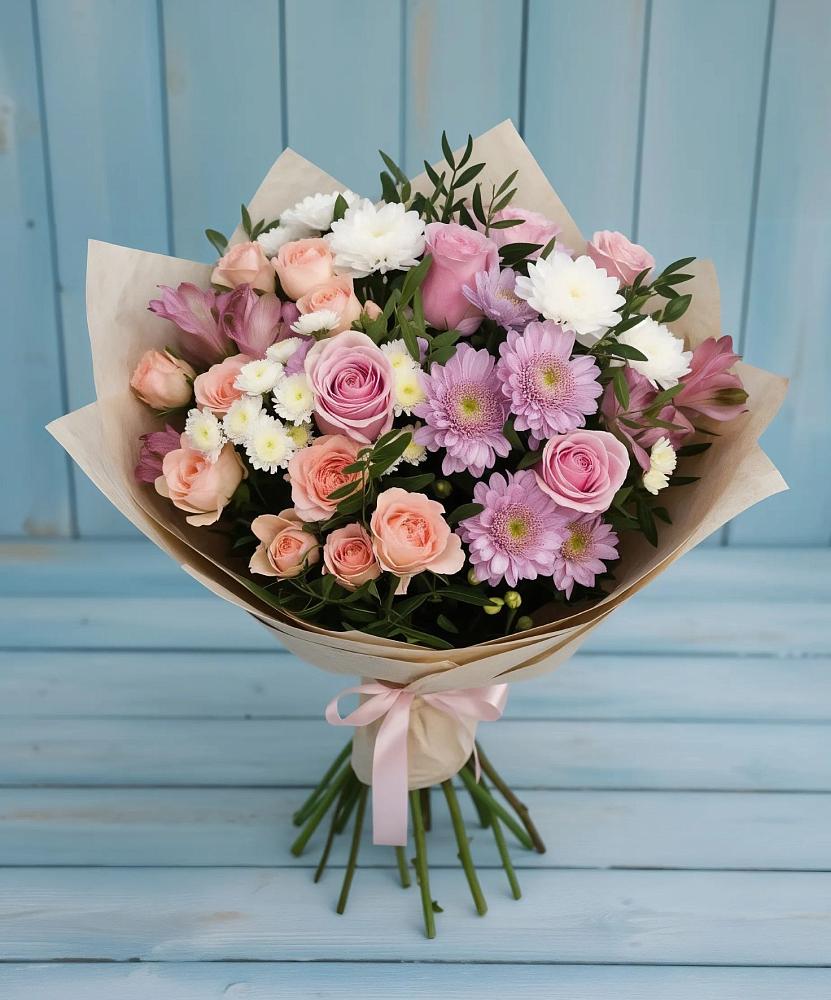 Букет цветов из: Хризантемы, Розы и Альстромерии в Дубовицах