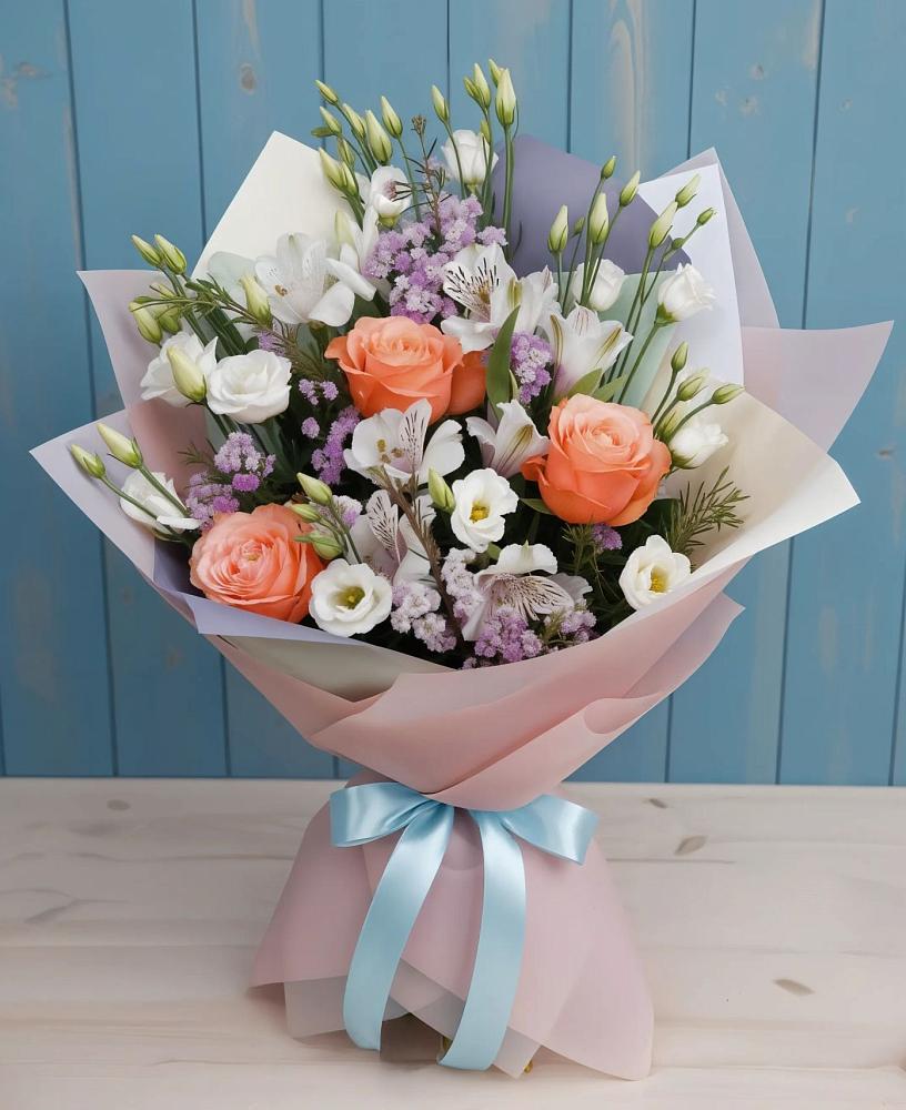 Букет цветов из: Лизиантусы, Розы, Альстромерии и Гипсофила в Дубовицах