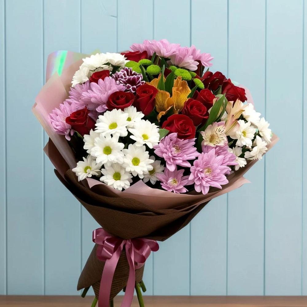 Букет цветов из: Розы, Хризантемы и Альстромерии в Дубовицах